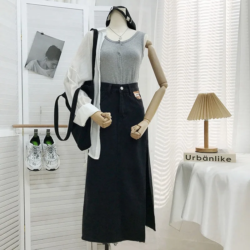 Jupes longues en jean trapèze taille haute pour femmes, Sexy, avec kets, pour les déplacements, couleur Pure, pour jeunes femmes, été 2023