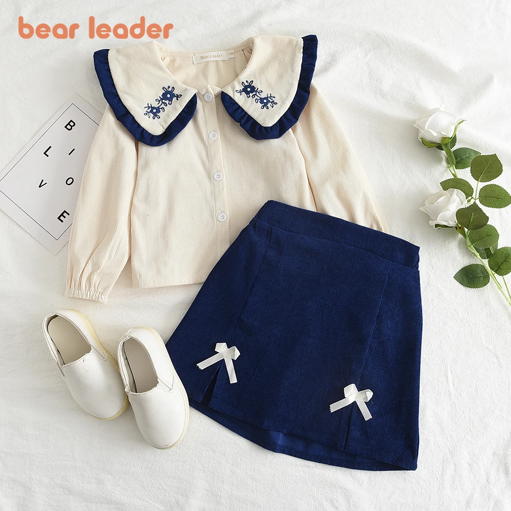 Bear Leader Fashion Girls' Long Sleeve Half Skirt Set Autumn/Winter New Girls' Doll Neck Shirt Top+Bow Skirt Two Piece Set