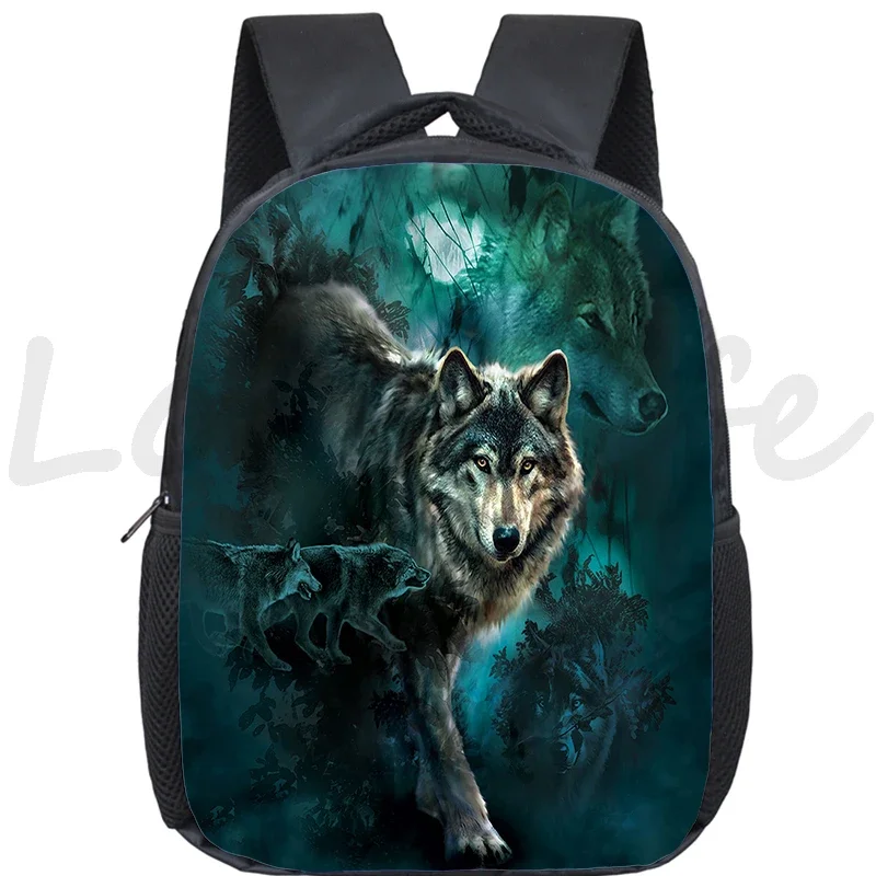 12 Inch Wolf Print School Backpack Kids Kindergarten Bags Girls Boys Bookbag Howling Wolf School Bags Waterproof Toddler Daypack