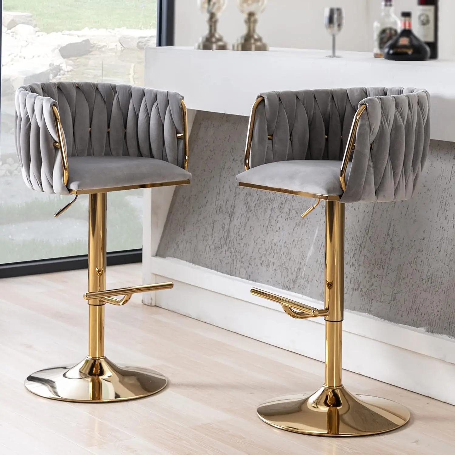 

DUOMAY Modern Swivel Bar Stools Set of 2, Velvet Adjustable Height Barstool with Barrel Back Kitchen Island Counter Bar Chair