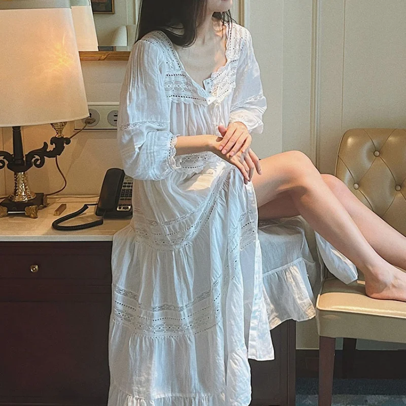 French Lace Square Collar Morning Robe 100% Cotton Full Sleeves White Nightgowns Vintage Embroidery White Long Night Robe New