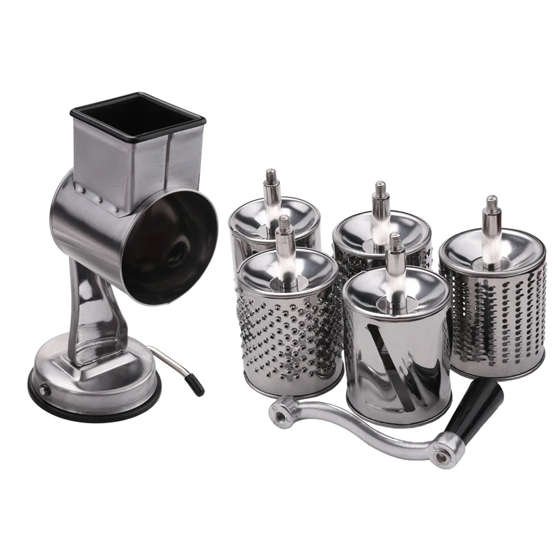 

New Stainless Steel Cheese Grater, Rotary Chopper, Vegetable Shredder Salad Slicer Multi-Use Hand Grater Grinder 5 Blades