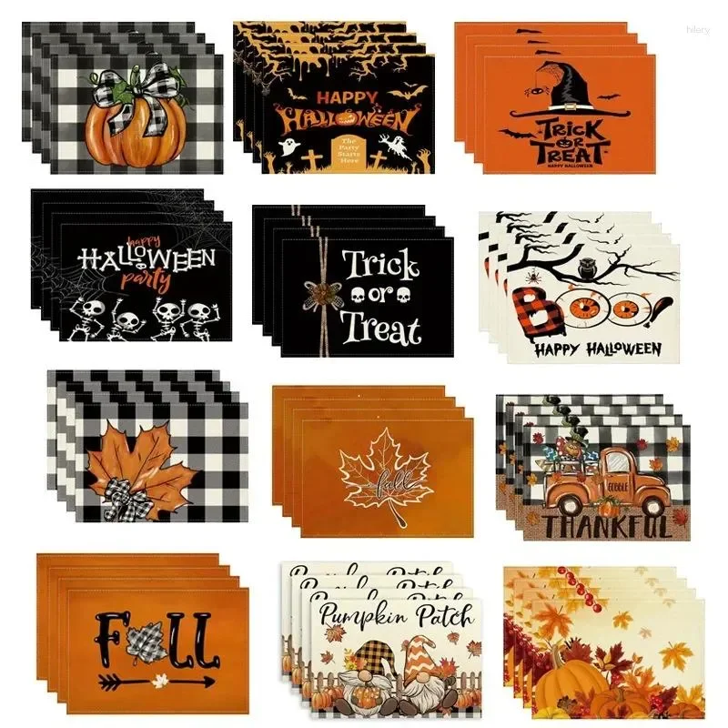 

Halloween Placemat Linen Print Tableware Mat Kitchen Wooden Dinning TableMat Bowl Coffee Cup Pad Non-slip Decor