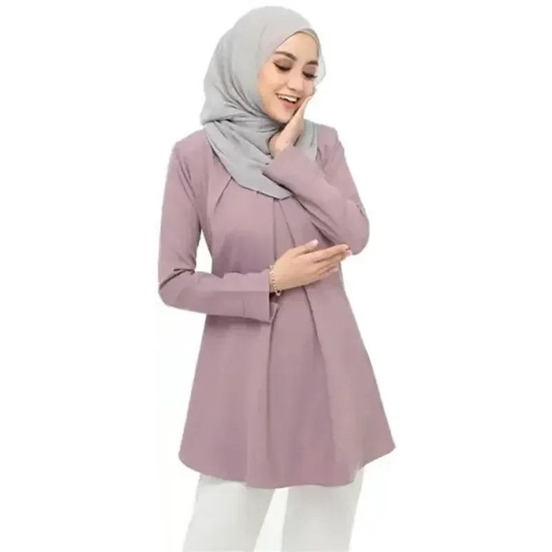 

Turkey Blouse Fashion Women Muslim Tops Elegant Long Sleeve Shirt O Neck Casual Loose Work Blusas T-Shirt Islamic Clothing Abaya