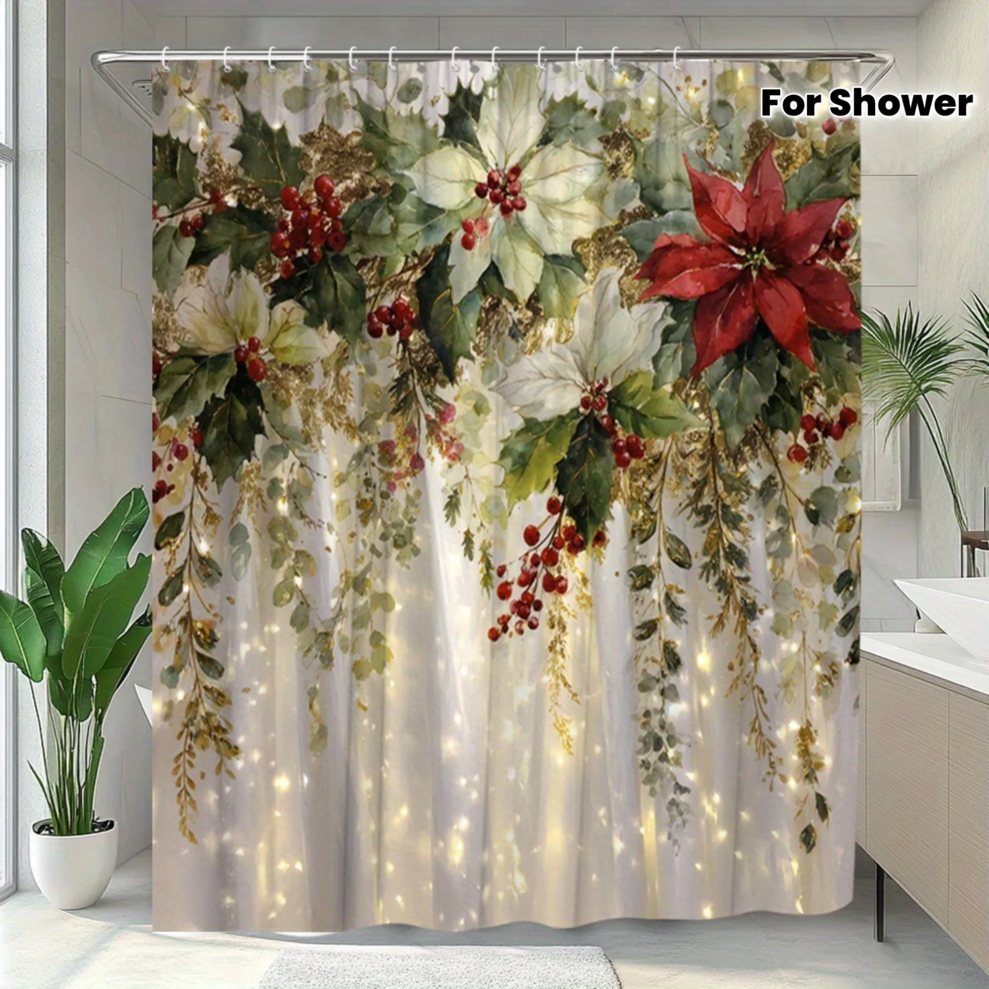 1pc Christmas Shower Curtain Vibrant Polka Dot And Holly Berry Floral Design with Twinkling Lights Polyester Fabric