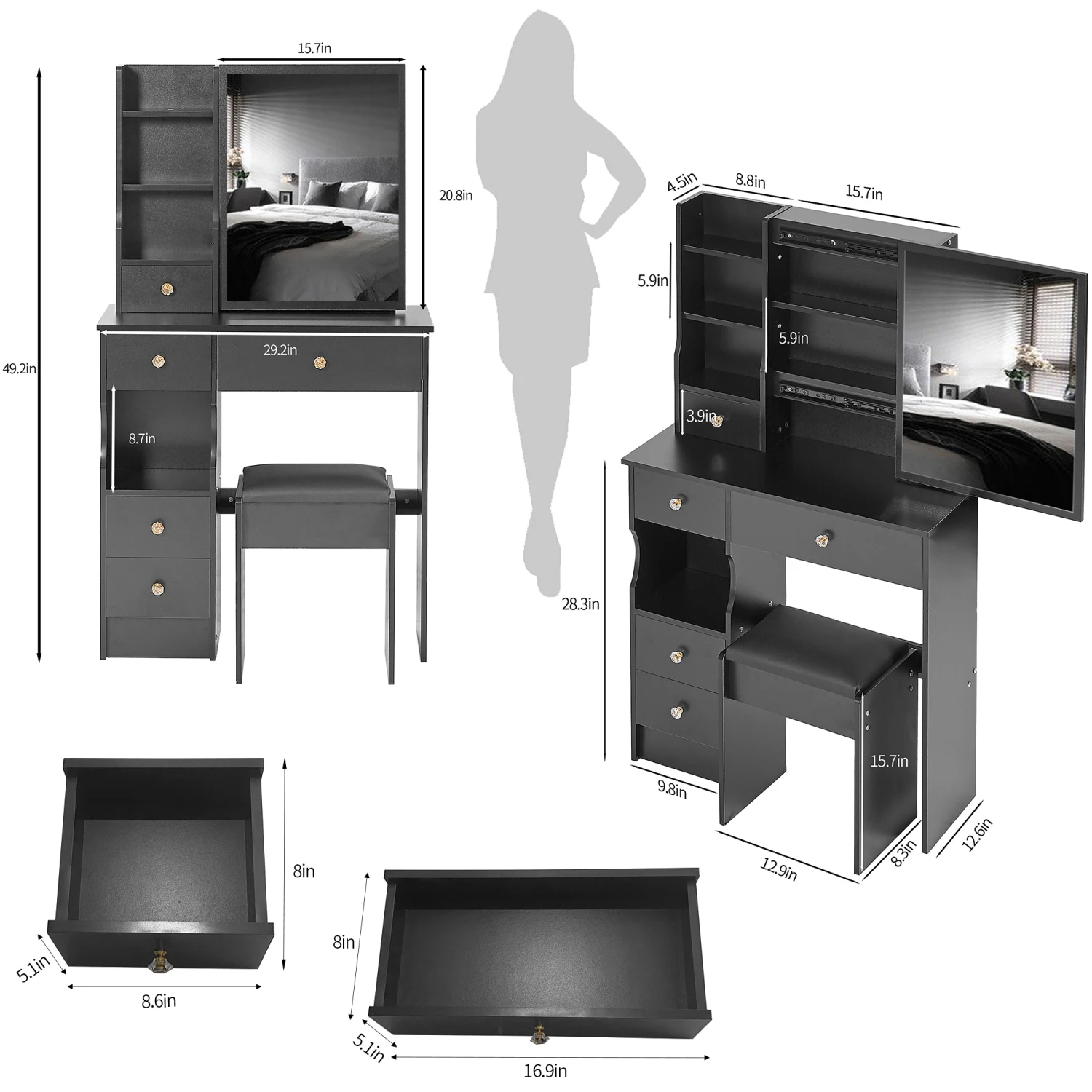 Small Size Left Drawer Desktop Vanity Table + Cushioned Stool, Extra Large Sliding Mirror, Multi Layer, High Capacity Storage Fa