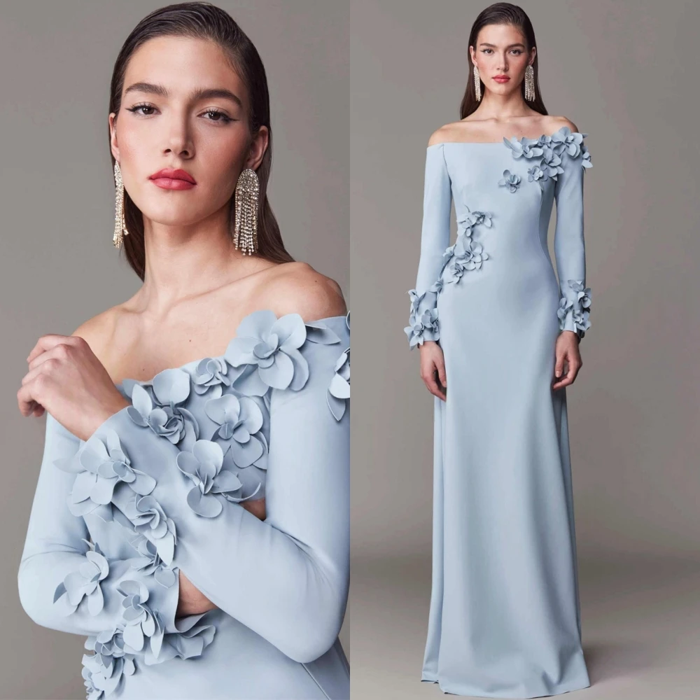 Sukienka wieczorowa z kwiatami z dżerseju na zamówienie, seksowna sukienka koktajlowa z dekoltem w łódkę, elegancka sukienka z długim rękawem na specjalne okazje.