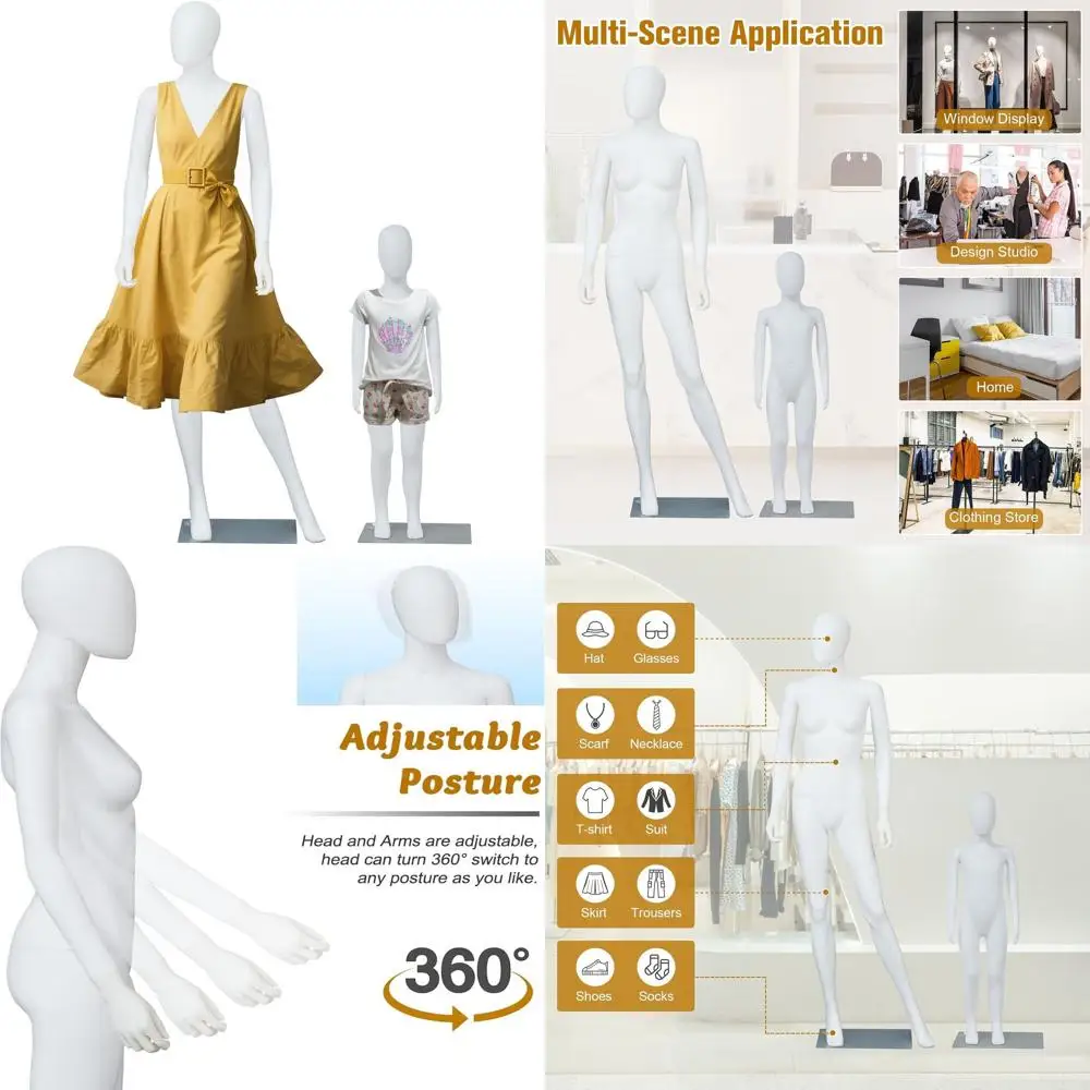 

Adjustable Female and Kids Mannequin Body with Metal Base for Retail Display, White
