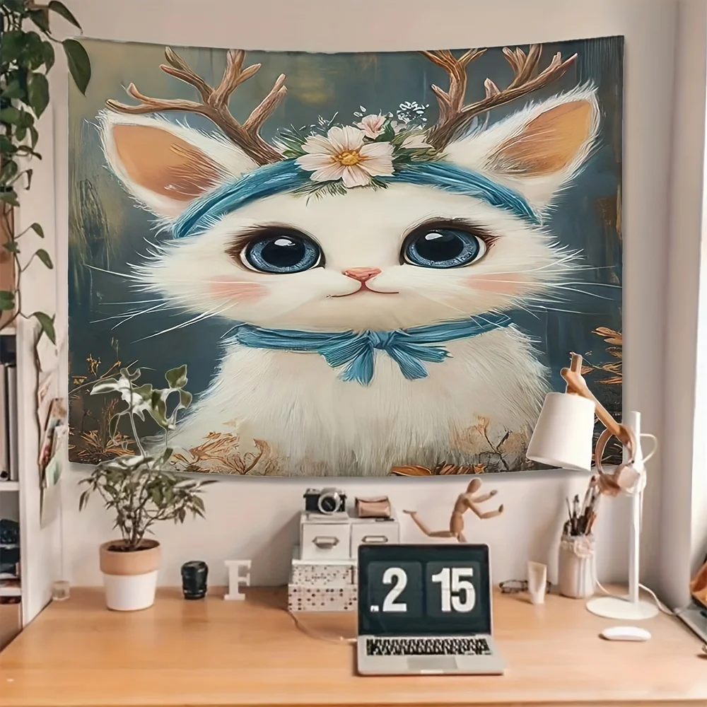 White cat with antlers Digital printing polyester wall tapestry suitable for use in living rooms bedrooms offices bars party