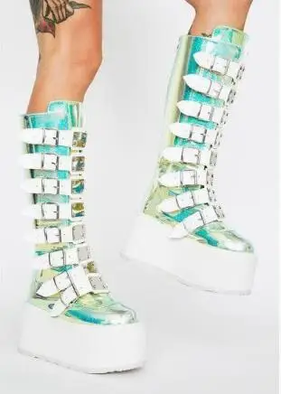 Women Clear PVC Platform Knee High Boots Multi White Strap Buckle Round Toe Thick Sole Transparent Punk Wedges Mid Calf Boots