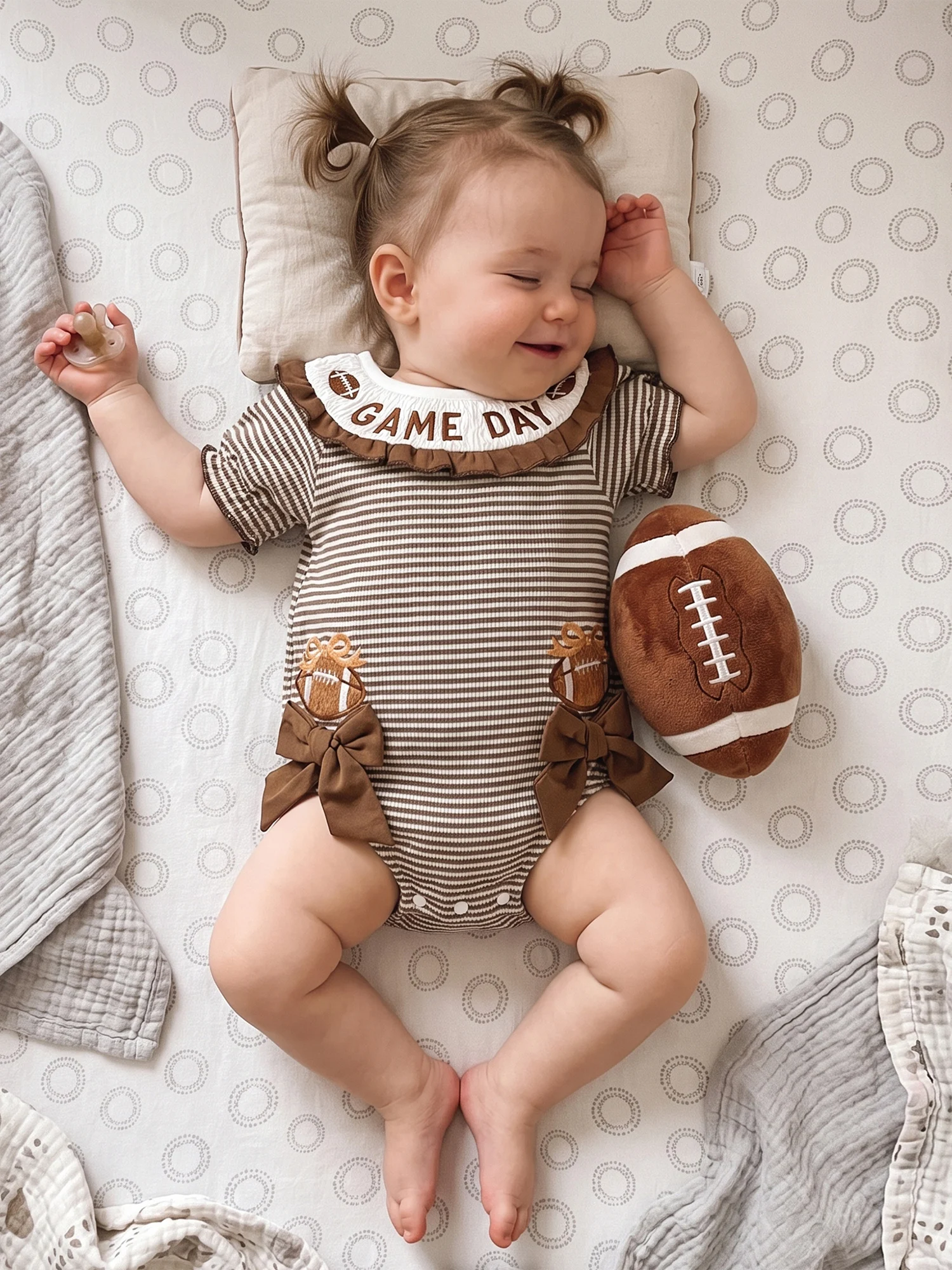 Girl-Summer-Romper Romper Football Embroidery Football Striped Jumpsuit Striped Girl Embroidery-Short