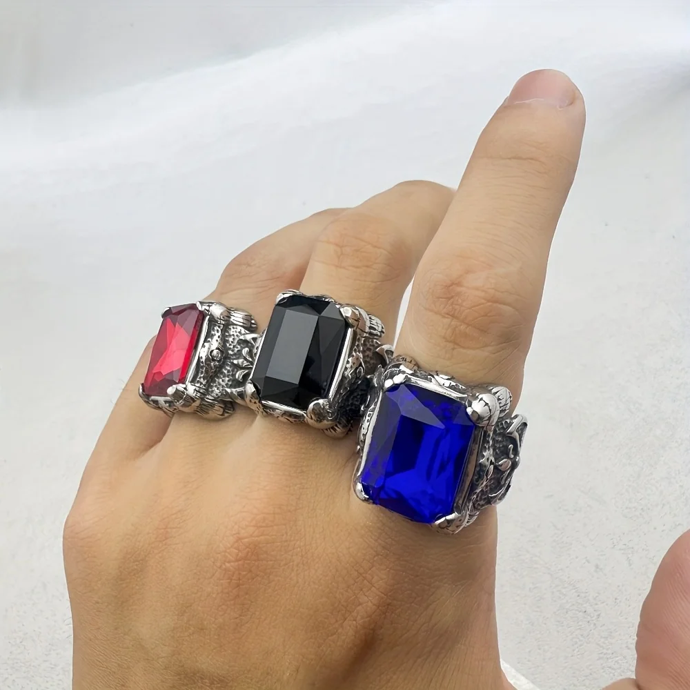 Stainless Steel Men's Classic Vintage Pattern Ring with Big Stone - Red/Black/Blue Options Available
