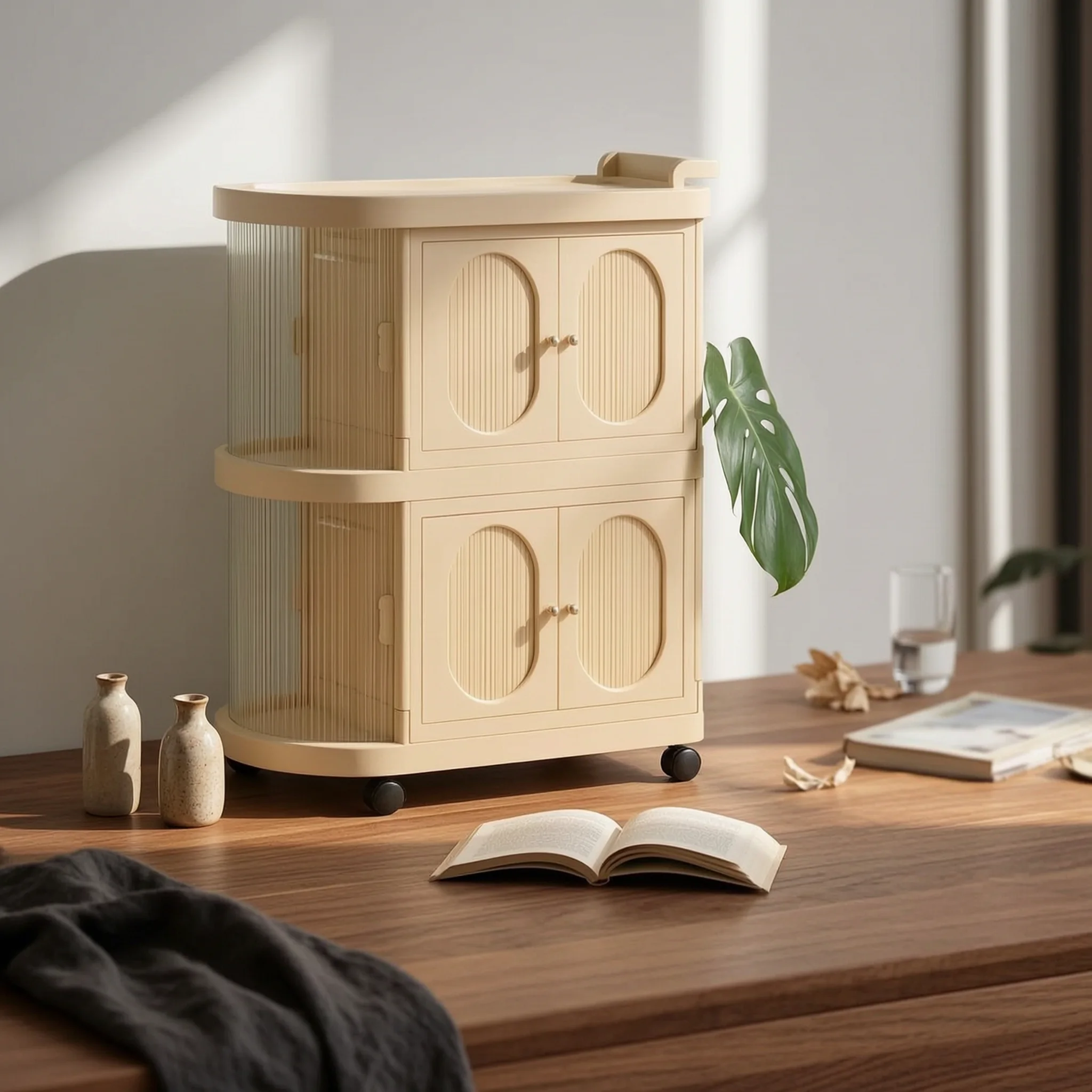 two-tier-nursery-cabinet-folding-baby-cabinet-oval-handles-translucent-panels-dustproof