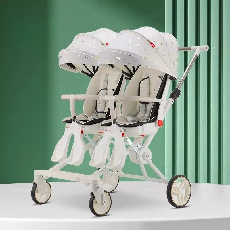 

Портативная двойная коляска для близнецов, складная четырехколесная коляска с поворотом на 360 градусов ° Детские коляски-тандемы с поворотным сиденьем и регулируемой спинкой