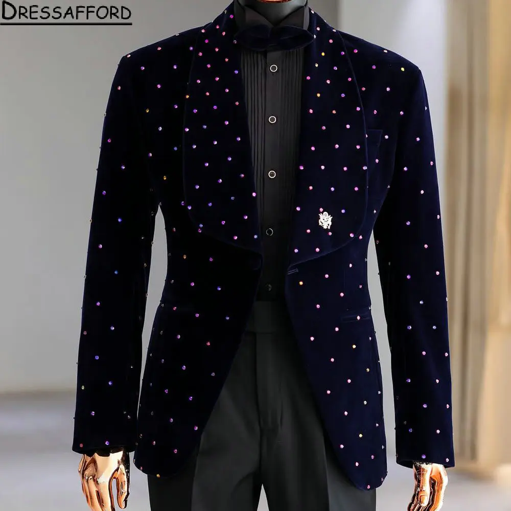 Black Velvet Men Suits 2 Piece With Pearls Fashion Business Casual Wear Party Wedding Groom Tuxedo Jacket&Pants