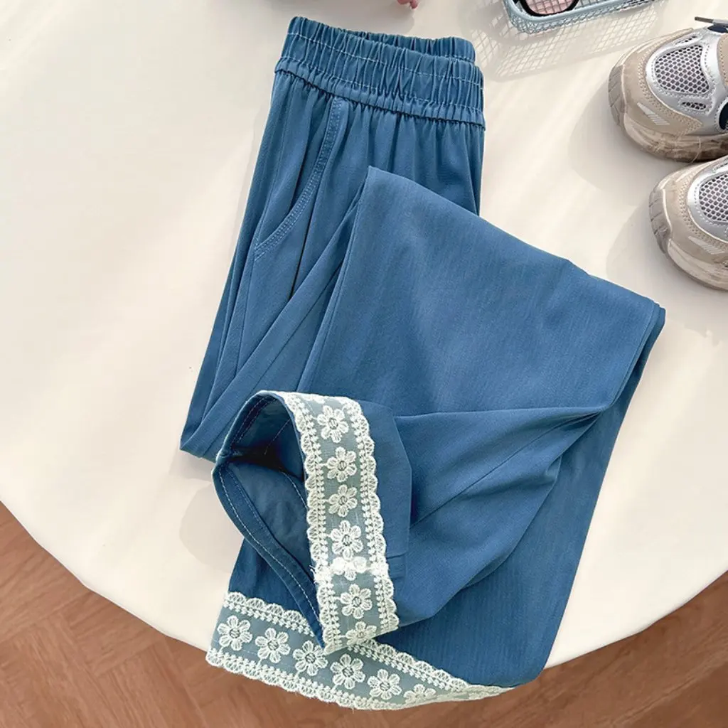 

Women's High Waist Slim Straight-Leg Jeans Spring Summer Lace Detail Casual Wide Leg Pants