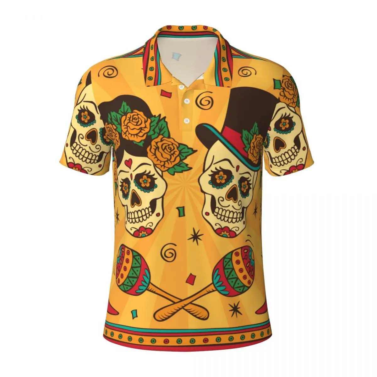 Men's spring summer polo shirt top Dia De Los Muertos Sugar Skulls With Maracas business leisure sports short-sleeved T-shirt