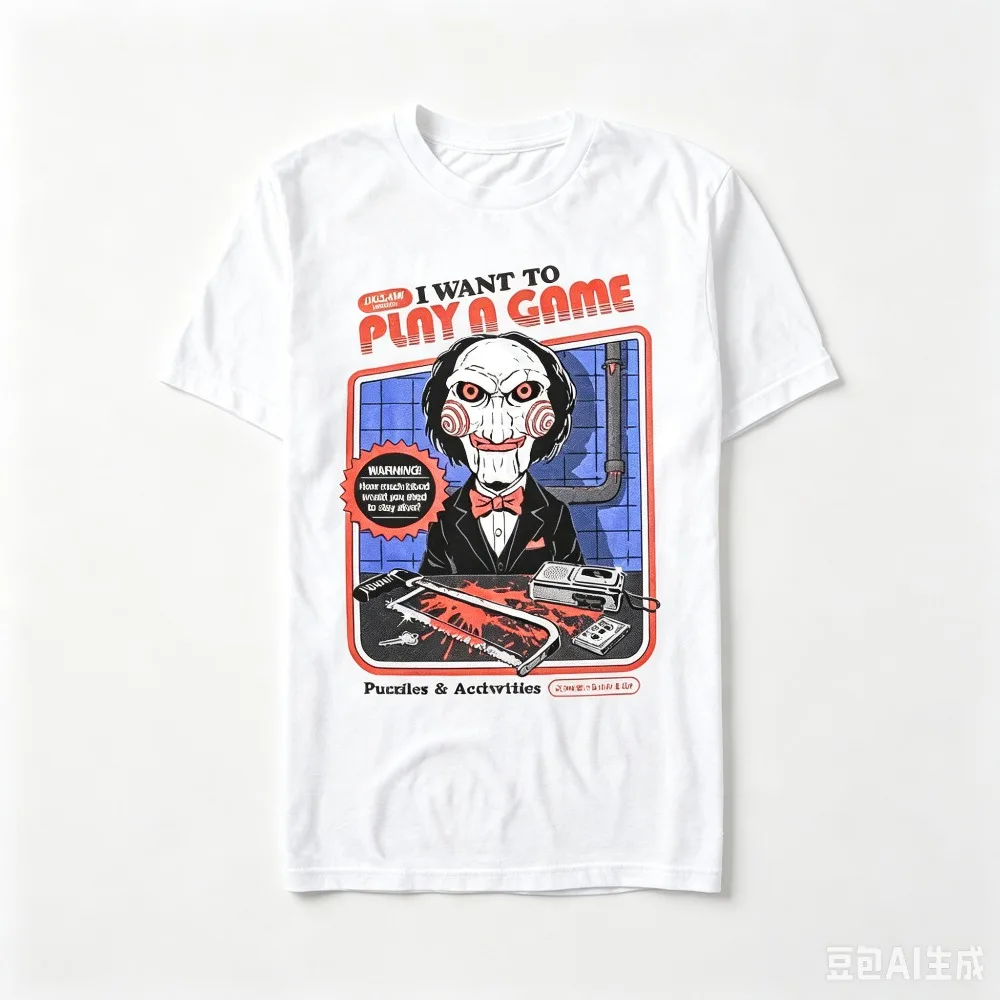 Black Red Frame Doll Horror Graphic Tee Top Drippy Game Header Left Warning Bubble Chest Oversized Tops