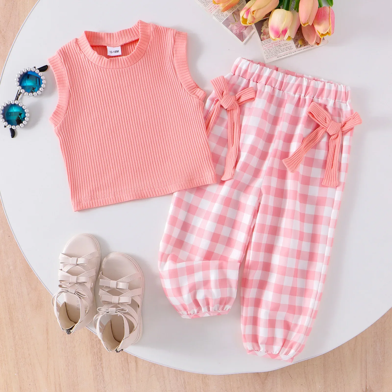 

2Piece Sets Summer Baby Girl Clothes Korean Casual Fashion Plaid Sleeveless Blue Tops+Loose Pants Boutique Kids Clothing B018