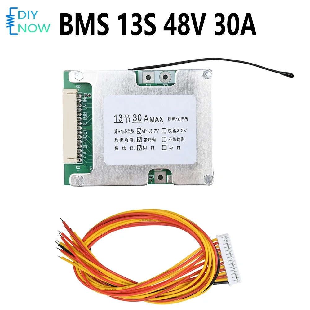 13S 48V 30A Lithium Battery Protection Board BMS with Temperature Control Same Port Balanced Protection Board for Electric Bikes