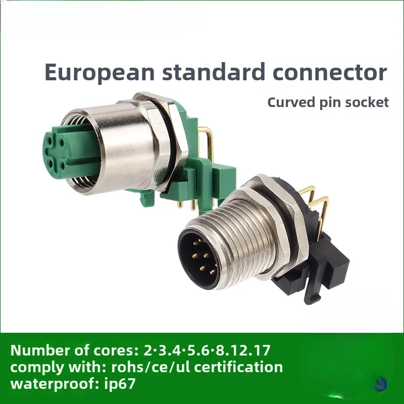 M12 connector aviation plug elbow pin PCB welding socket 2 pins 3 pins 4 holes 5P 6 8 12 pins waterproof IP67