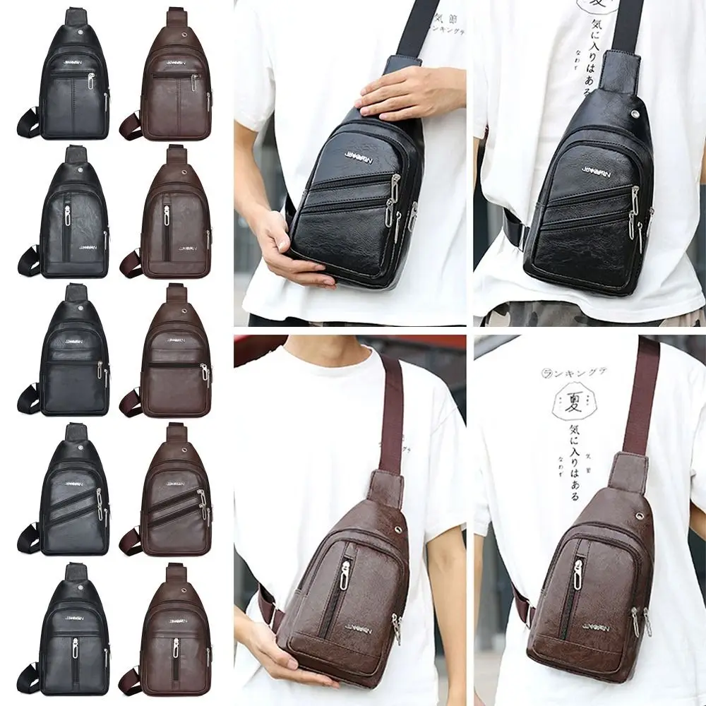 Fashion PU Leather Men's Sling Bag Anti-theft Large Capacity Chest Bag Solid Color with Earphones Hole Crossbody Bag