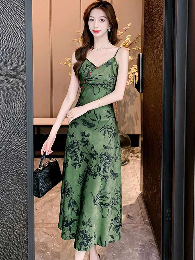 Women Green Floral Chic V-Neck Sexy Sling Long Dress 2024 New Satin Luxury Party Evening Dress Summer Korean Elegant Prom Dress