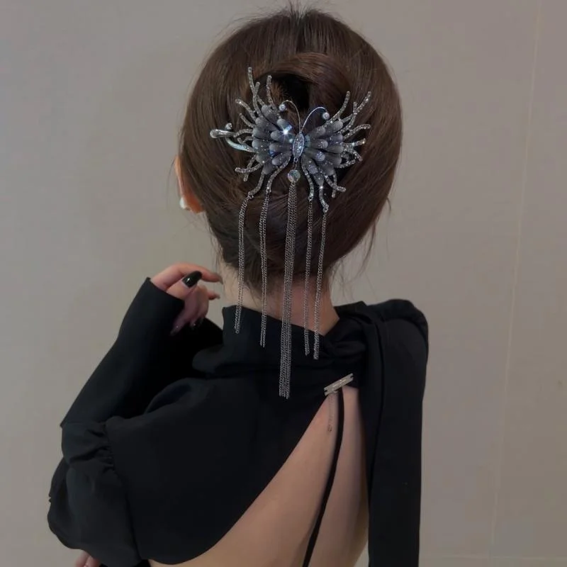 Rhinestone Butterfly Metal Chain Tassel Hair Clips Dark Style Ponytail Hairpins Clip Women Hair Accessories for Women