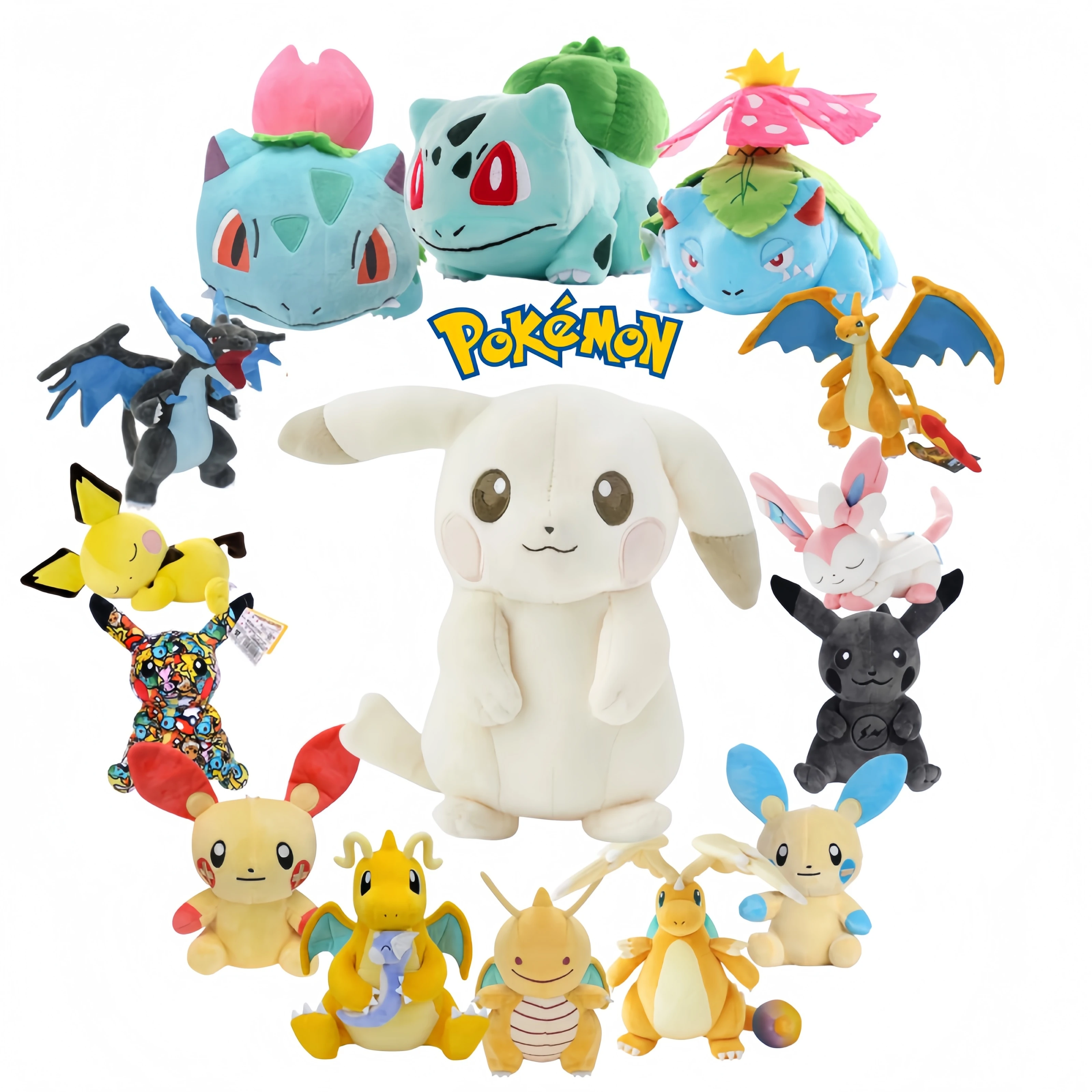 Nuevos Peluches de Pokémon de Color Claro: Pikachu, Bulbasaur, Ivysaur, Venusaur, Charizard, XY, Plusle, Minun, Dragonite y Otros Miembros de la Familia