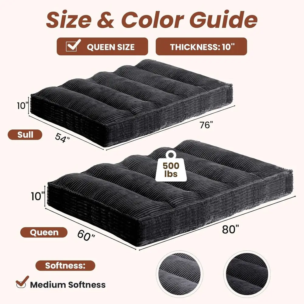 Queen Size Sofa Couch Bed with Straps, Thick Corduroy Floor Mattress for Adults, Roll Up Folding Mattress, Shredded Foam Filling