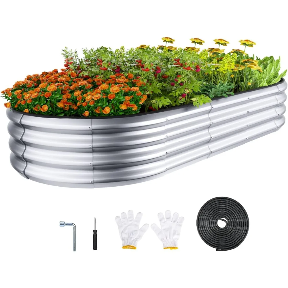 Raised Garden Bed Kit, Large Galvanized Planter Raised Garden Boxes Outdoor with Safety Edging and Gloves, Oval Metal Raised