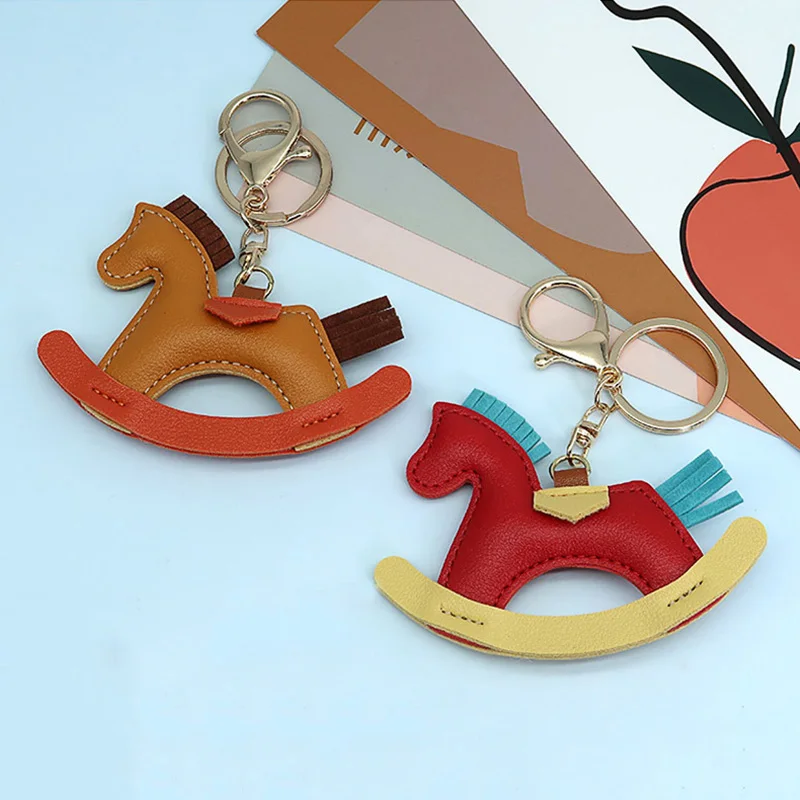 Women Leather Charms Bag Pendant KeyChain Cartoon Pony Rocking Horses Keyring Cute Animal Ornament Accessories Decoration Gift