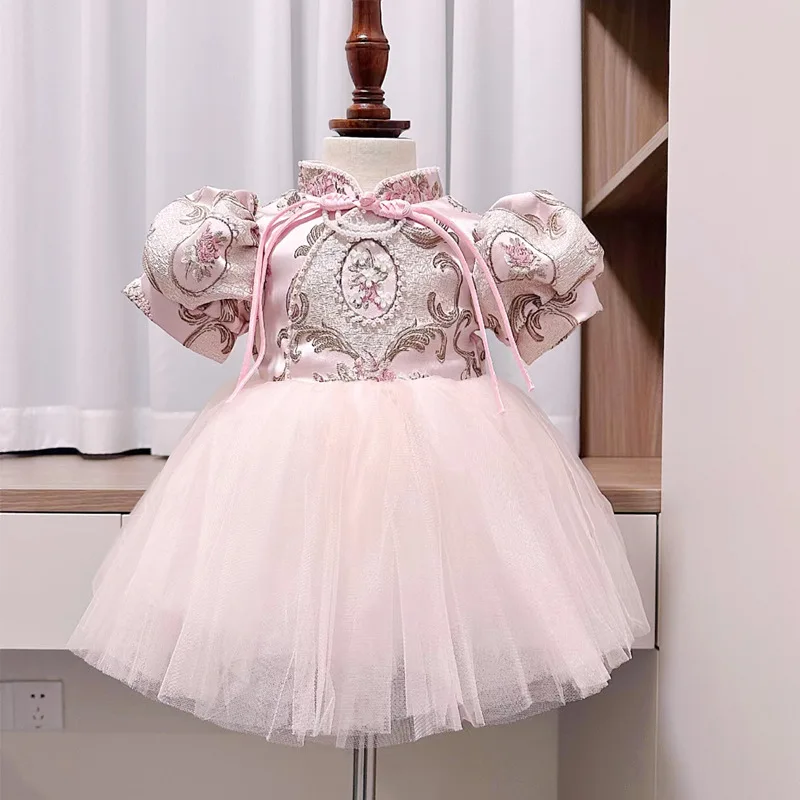 

Chinese Style Baby Girls Pink Princess Ball Gown Children 1st Birthday Baptism Party Tang Suit Dresses y912