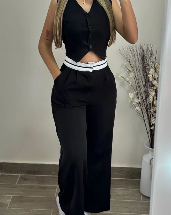 Women\'s Elegant V-Neck Buttoned Vest Top & Pocket Design Pants Set 2024 Summer Female Fashion High Waist Casual Trousers Outfits