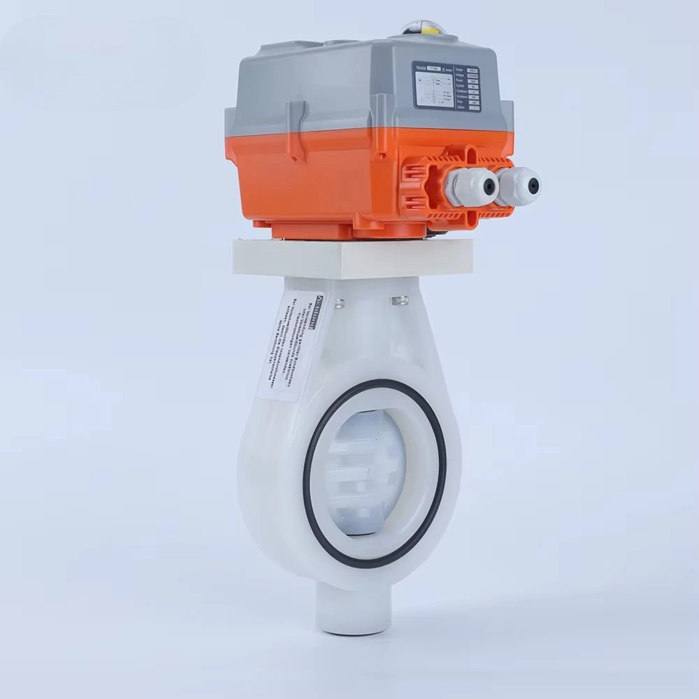Industria química industrial Actuador eléctrico IoT Válvula de mariposa Cuerpo de válvula compuesta PVDF + FRP duradero para altas temperaturas