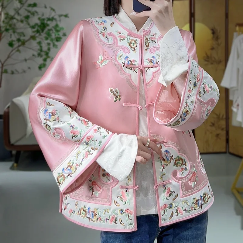 High-end Spring Autumn Women Top Retro Embroidery Butterflies in Love with Flowers Elegant Lady Loose China New Year Coat  S-XXL