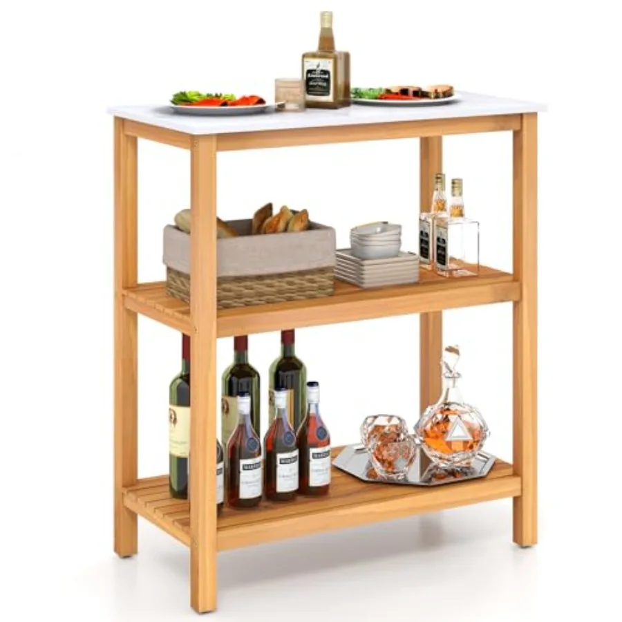 Patio Wooden Sideboard for Outdoor Kitchen Use, Acacia Wood in Natural Brown with Marble-Like Countertop and Slatted Shelves, W
