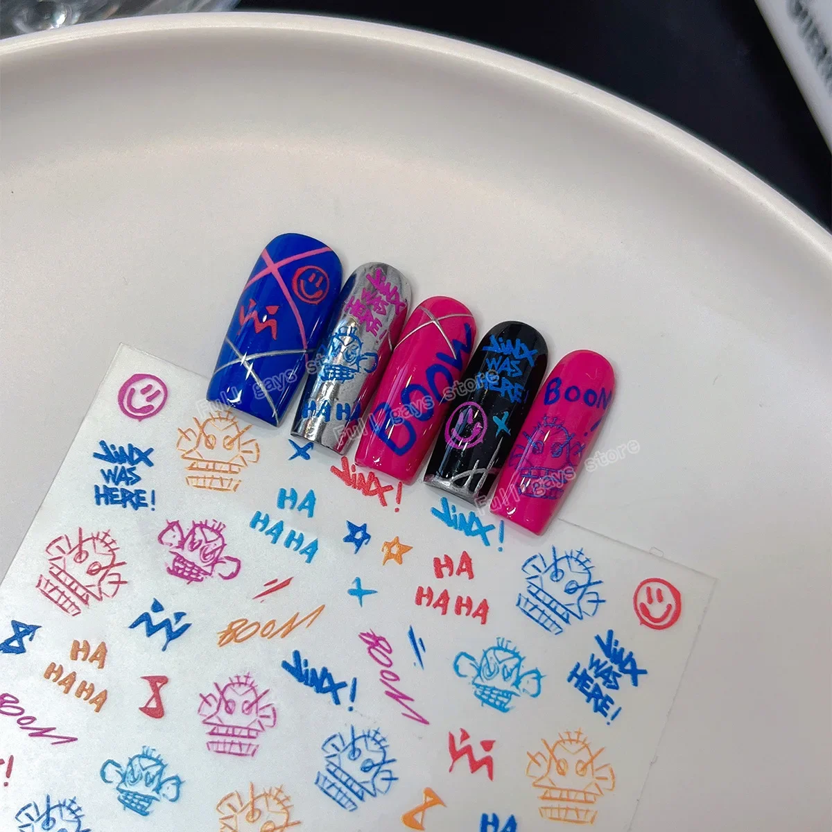 League of Legends Arcane Season 2 Jinx Graffiti Nail Stickers with Colorful Cartoon Lines Adhesive Nail Decorations Accessories