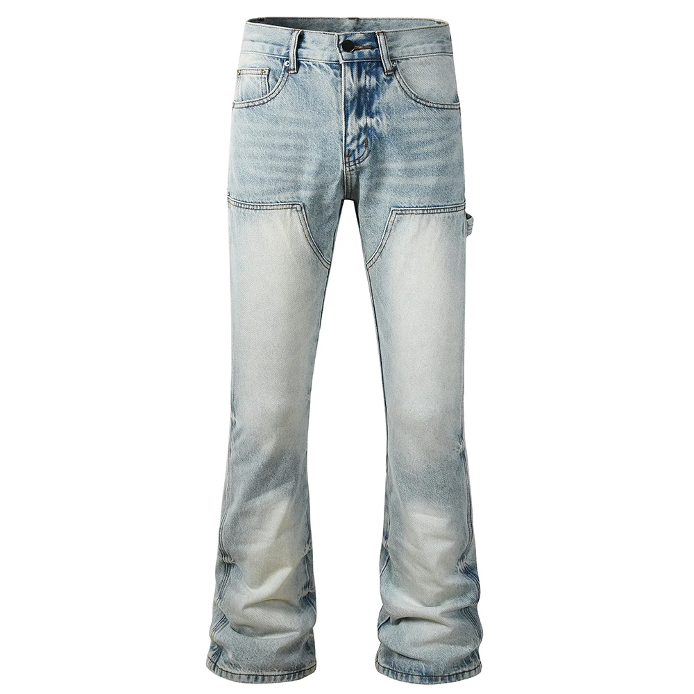 Men's Carpenter Denim Jeans Relaxed Fit Bootcut Flared Pants Streetwear Light Blue Hight Quality Trousers