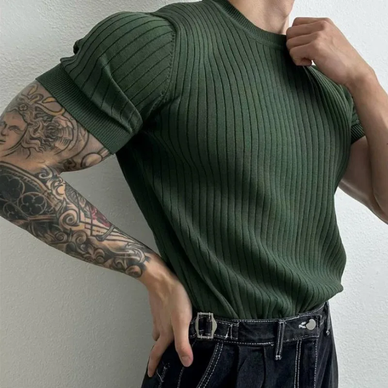 Luxury Brand 2025 New Men T-shirt Knitted Short Sleeves O-neck Shirt Fashion Solid Elastic Slim Tees