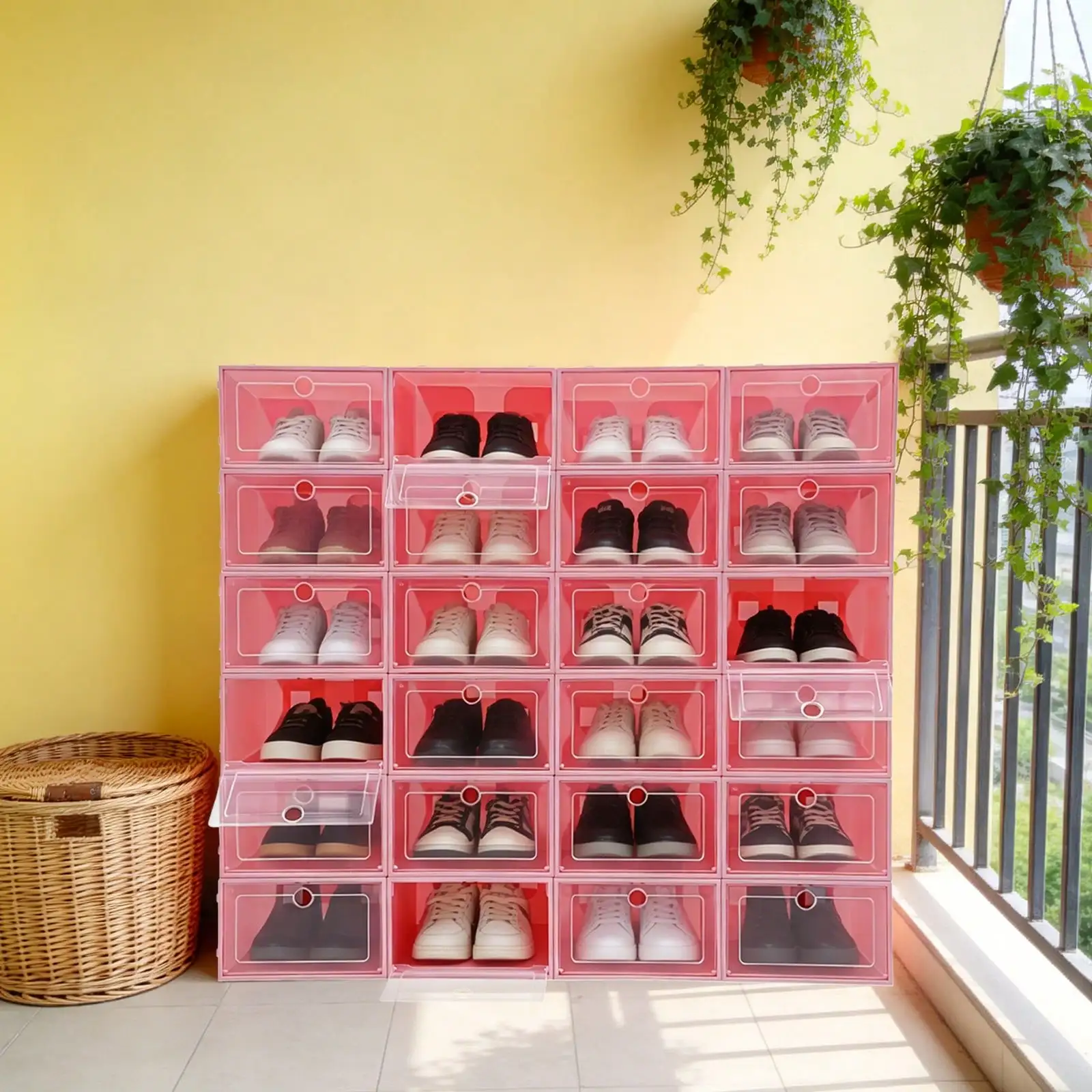 Aohuada 24 Pack Stackable Shoe Boxes With Clear Lids - Foldable Shoe Storage Organizer For Closet Cabinet, Color Options For Sneakers Flats Home Organization (Pink)