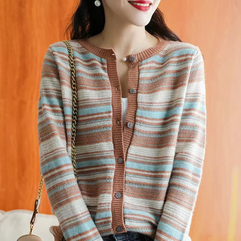 Women's Knitted round Ne Open Cardigan Single Stripe Outerwear Sweater Casual Comfortable Loose Fit Long Sve Regular Length