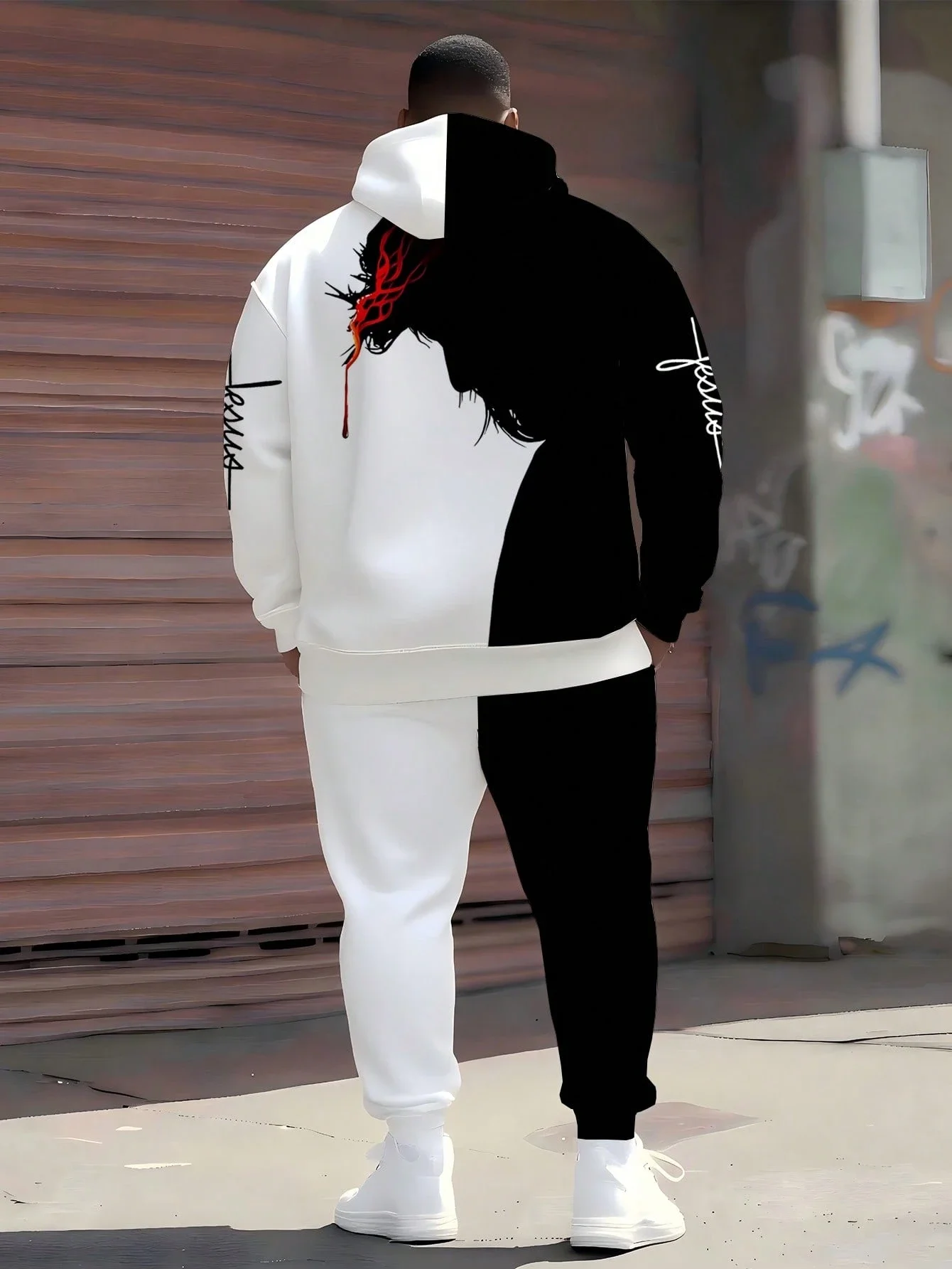 

Men's Streetwear Hoodie And Jogger Pants Set With Jesus Print And Graffiti Pattern