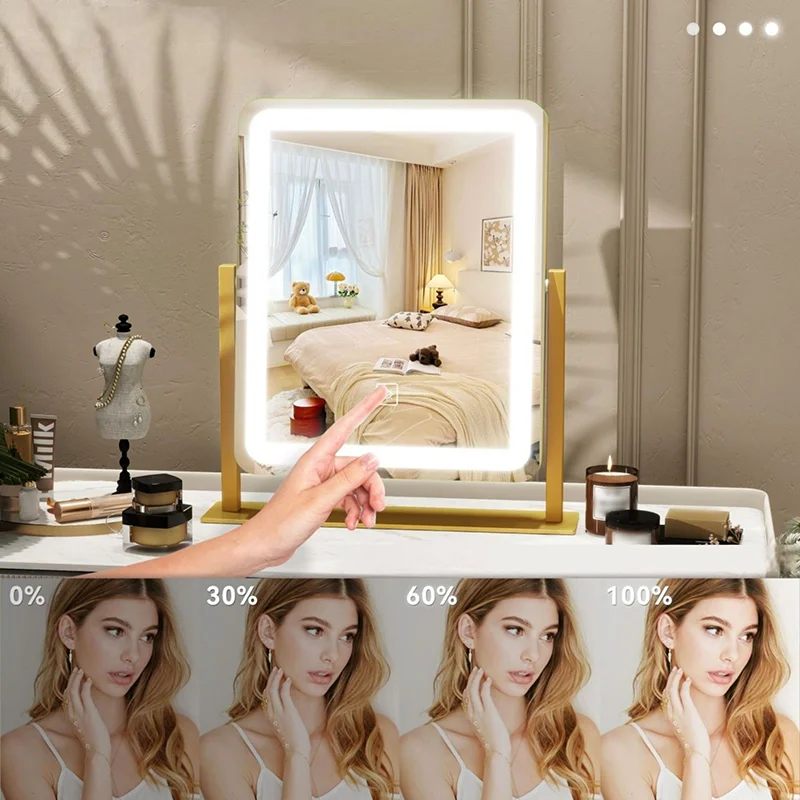 USB LED Vanity Mirror with Touch Control - Rotatable Desktop Makeup Mirror, Dimmable Lighted Mirror for Bedroom