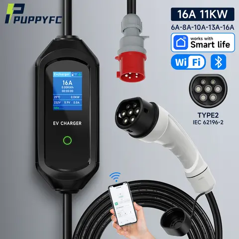 Puppyfc 휴대용 EV 충전기 Type2 11KW 16A 3상 Wallbox EVSE 고속 충전 CEE 플러그 WiFi 블루투스 원격 제어 Puppyfc 휴대용 EV 충전기 Type2 11KW 16A 3상 Wallbox EVSE 고속 충전 CEE 플러그 WiFi 블루투스 원격 제어