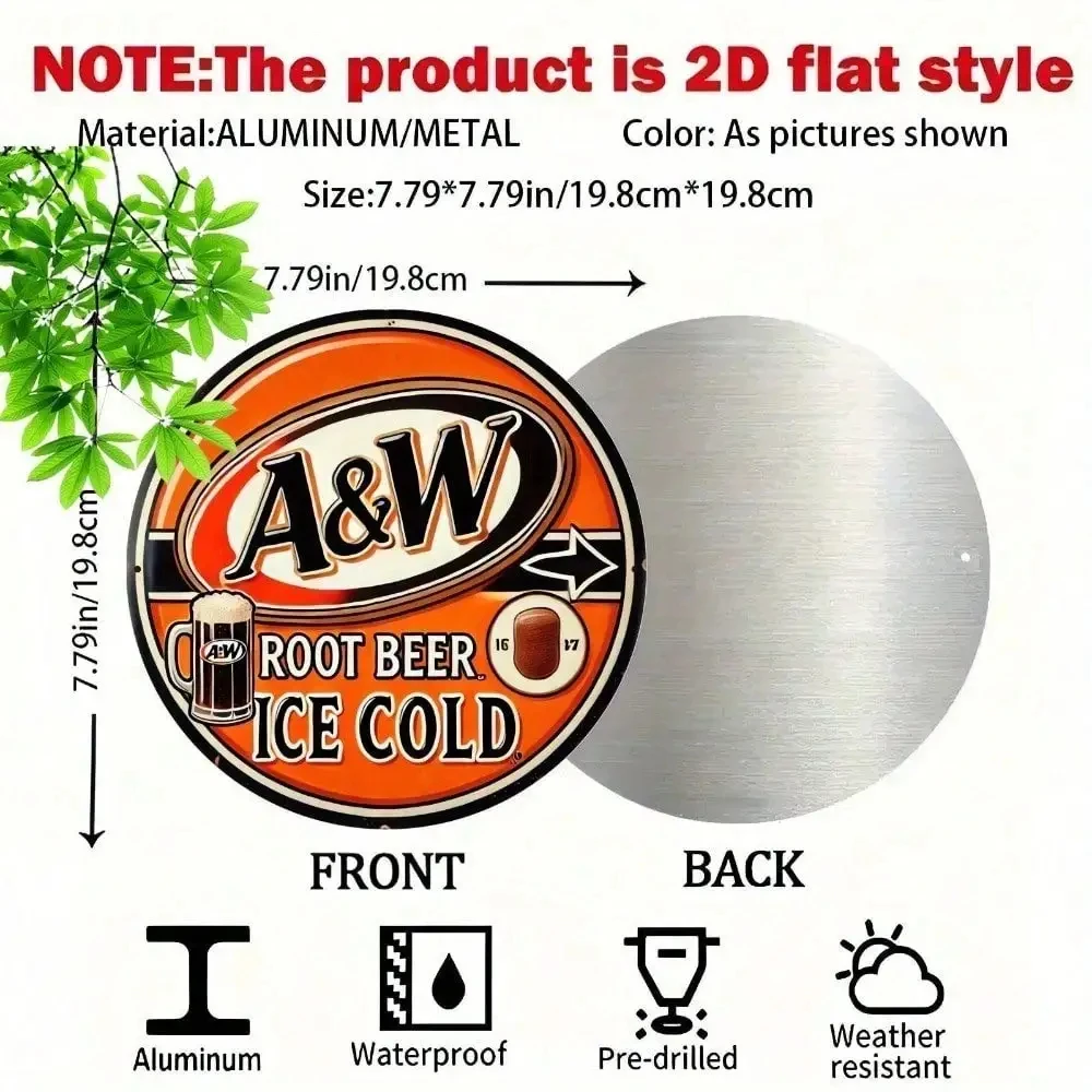 Retro Nostalgic A&W Root Beer Ice-Cold Beverage High-Definition Printed Metal Can Sign——Using Classic American Restaurant Branding, Featuring a Rugged Black Font