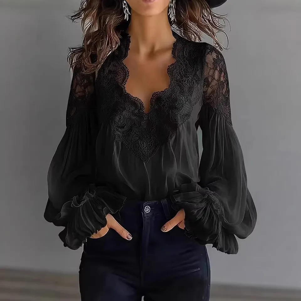 2026 New Autumn/Winter Women's Shirt Fashionable, Comfortable, Casual, Commuting Versatile Lace Splicing Bubble Sleeve Shirt