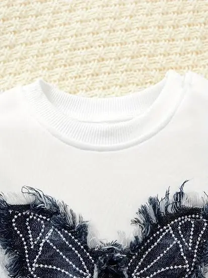 Little Hand Girls Long Sleeve Outfit Set Butterfly Applique Sweatshirt Denim Look Pants Casual 2Pcs Clothing Set Years for 5‑14