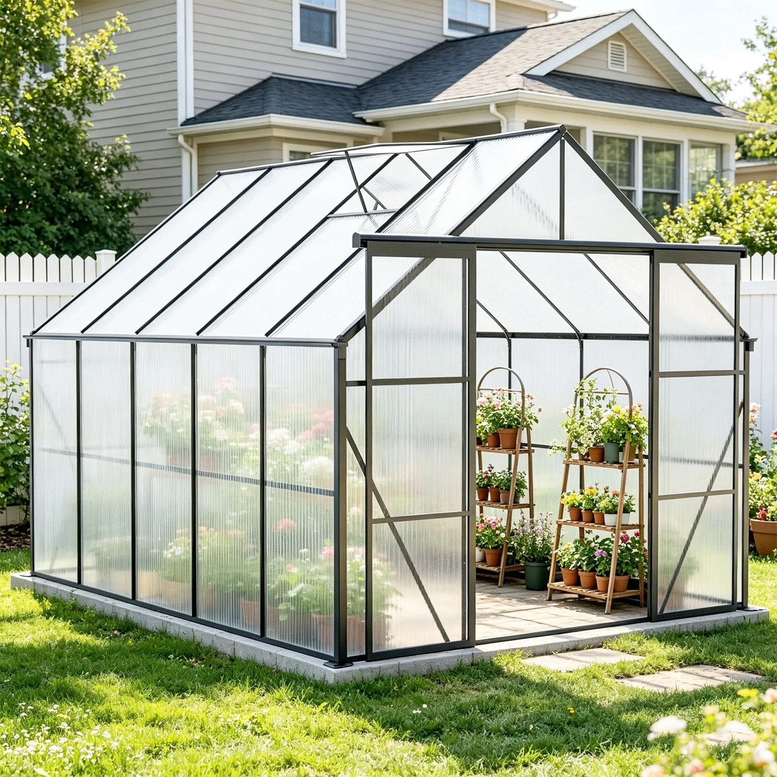 Double Door Walk-in Greenhouse Black with Galvanized Base and Anchor for Outdoor
