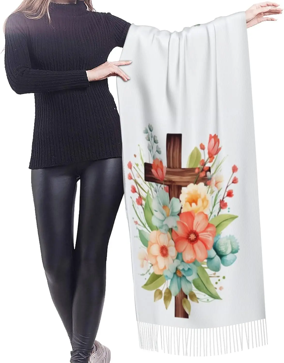 Virgen de Guadalupe Virgin Mary Prayer Shawls Tassel Wraps Warm Soft Winter Lightweight Cashmere Scarf for Women